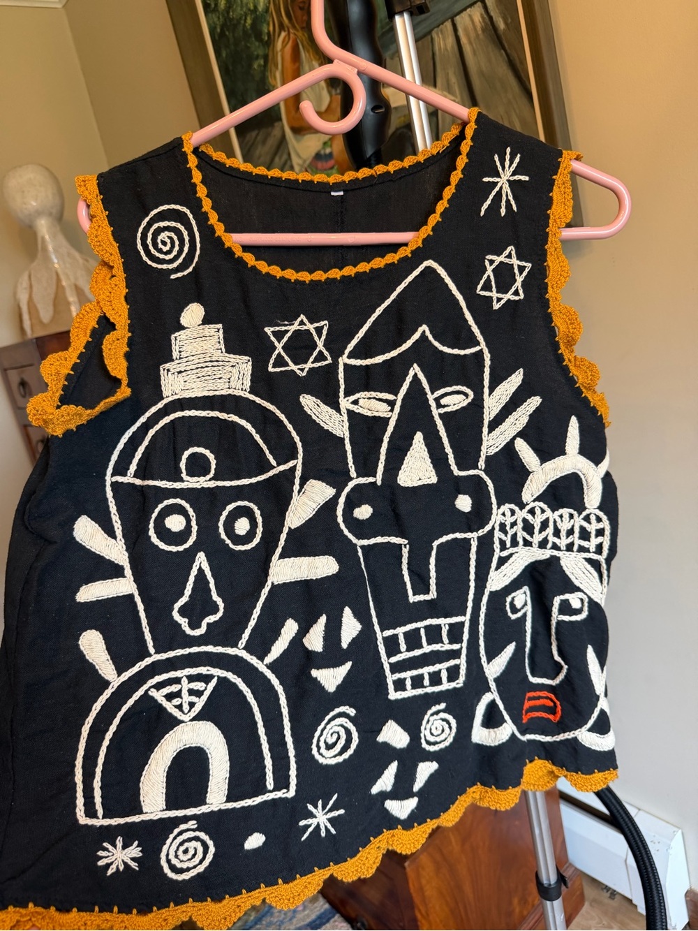 Hand-Embroidered Black Sleeveless Top with Mustard Trim